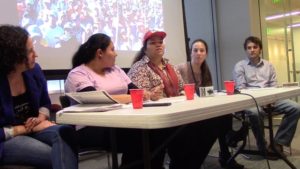 From L-R: Jovanna Garcia Soto (Grassroots International), Yasmin Lopez (Via Campesina), Debora Nunes (MST), Lydia Simas (Grassroots International), Saulo Araujo (Why Hunger)